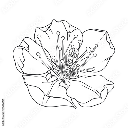 Beautiful apricot flower, graceful thin line. Japanese sakura blossom. Hand drawn cherry, or almond bloom sketch, outline. Vector illustration