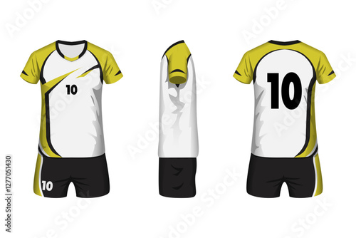 Volleyball jersey mockup white, yellow and black colors with front, side and back view.
