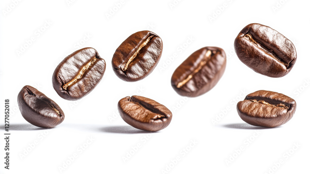 Coffee beans captured mid-air as they fall, isolated on a white background with a clipping path Coffee beans captured mid-air as they fall, isolated on a white background with a clipping path