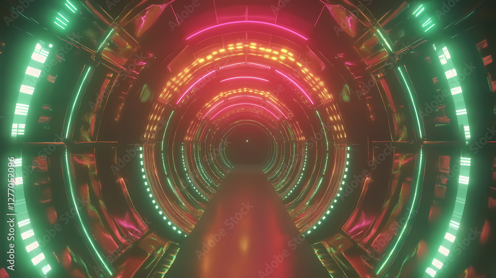 Obraz premium Futuristic neon tunnel with symmetrical green glow and vibrant light patterns. Luminous Infinite Corridor. Illustration