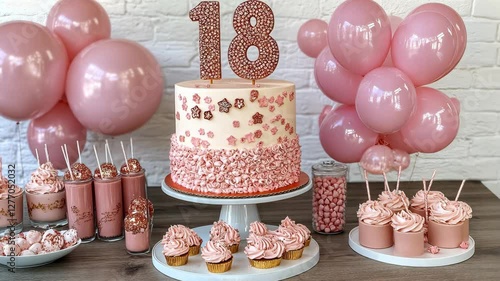 Pink themed birthday celebration for an 18th birthday with cake and decorations