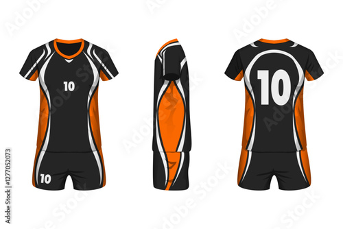 Volleyball jersey mockup black, white and orange colors with front, side and back view.