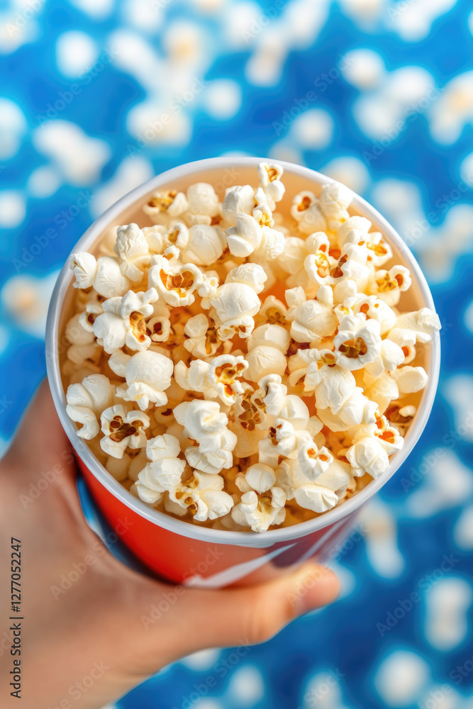 Hand holding a red and white popcorn jar against a vibrant background Hand holding a red and white popcorn jar against a vibrant background