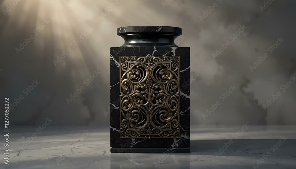 Ornate black urn for ashes with intricate gold design displayed under soft illuminating light
Ornate black urn for ashes with intricate gold design displayed under soft illuminating light