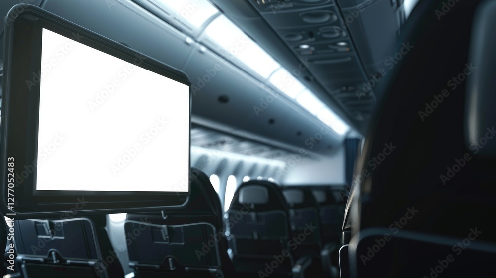 Fototapeta premium editable white screen mockup in front of airplane passengers for in-flight tech interface or travel media content