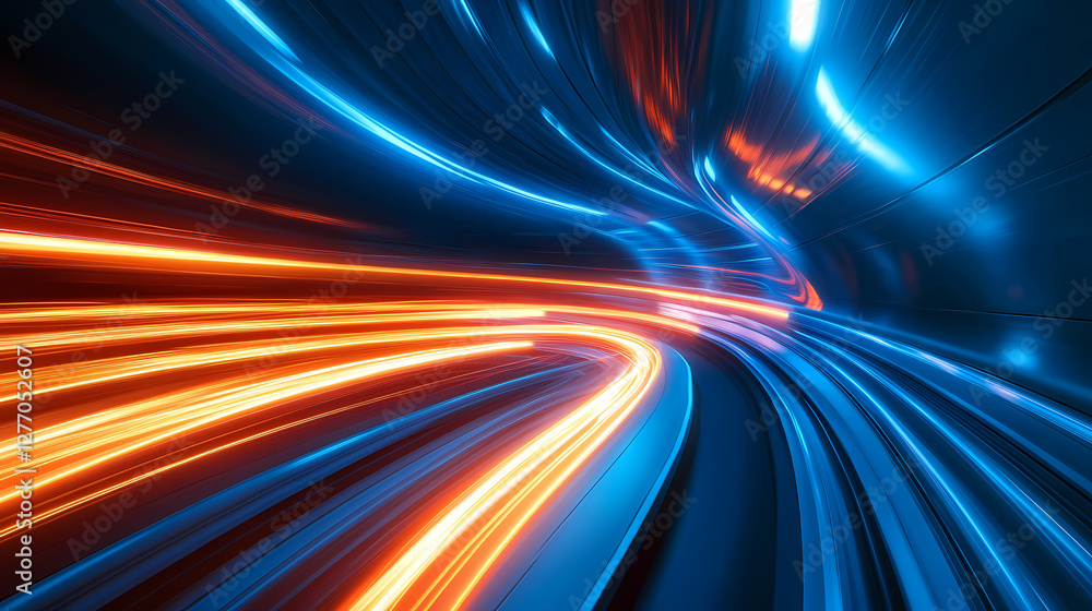 Futuristic tunnel with glowing orange and blue lights in motion. Luminous Infinite Corridor. Illustration Futuristic tunnel with glowing orange and blue lights in motion. Luminous Infinite Corridor. Illustration