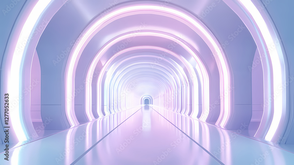 Fototapeta premium Futuristic white hallway with repeating archways and neon lights leading to an unknown space. Luminous Infinite Corridor. Illustration