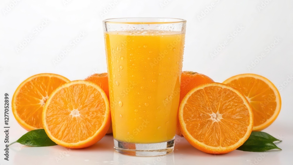Fresh Orange Juice in Glass with Sliced Halves and Green Leaf on White Studio Background Fresh Orange Juice in Glass with Sliced Halves and Green Leaf on White Studio Background