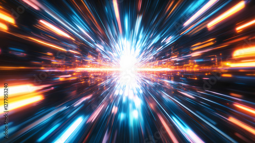 Light streams moving towards central bright point, abstract. Luminous Infinite Corridor. Illustration