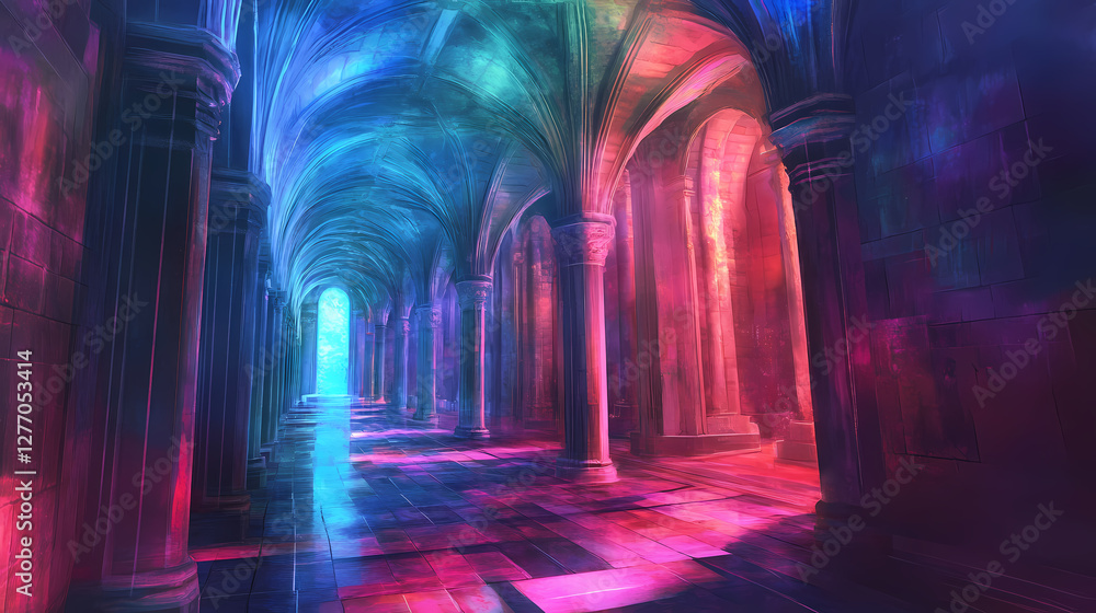Luminous passage: a geometric corridor with neon accents and infinite depth. Luminous Infinite Corridor. Illustration Luminous passage: a geometric corridor with neon accents and infinite depth. Luminous Infinite Corridor. Illustration