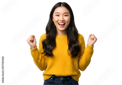 A young Asian woman wearing a yellow shirt and jeans stands against a transparent background, smiling widely with arms outstretched, expressing joy, happiness, and a warm welcoming gesture
