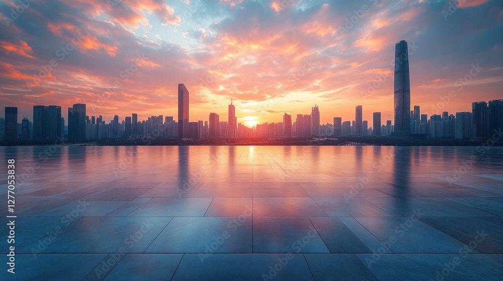 Empty city plaza at sunrise, modern cityscape reflected on paved ground. Empty city plaza at sunrise, modern cityscape reflected on paved ground.