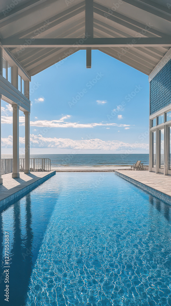 Fototapeta premium Luxurious pool with ocean view under bright blue sky, featuring modern architecture and serene surroundings. perfect getaway for relaxation and leisure