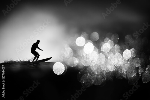 Silhouette of a surfer riding a wave, captured in a black and white photograph with bokeh effect.