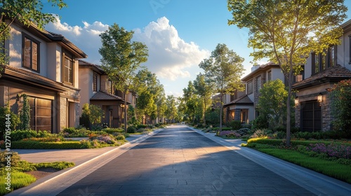 Sunlit residential street with upscale homes, lush landscaping, and vibrant flowers.