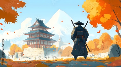 Cartoon style illustration of a samurai standing outdoors looking at a dojo