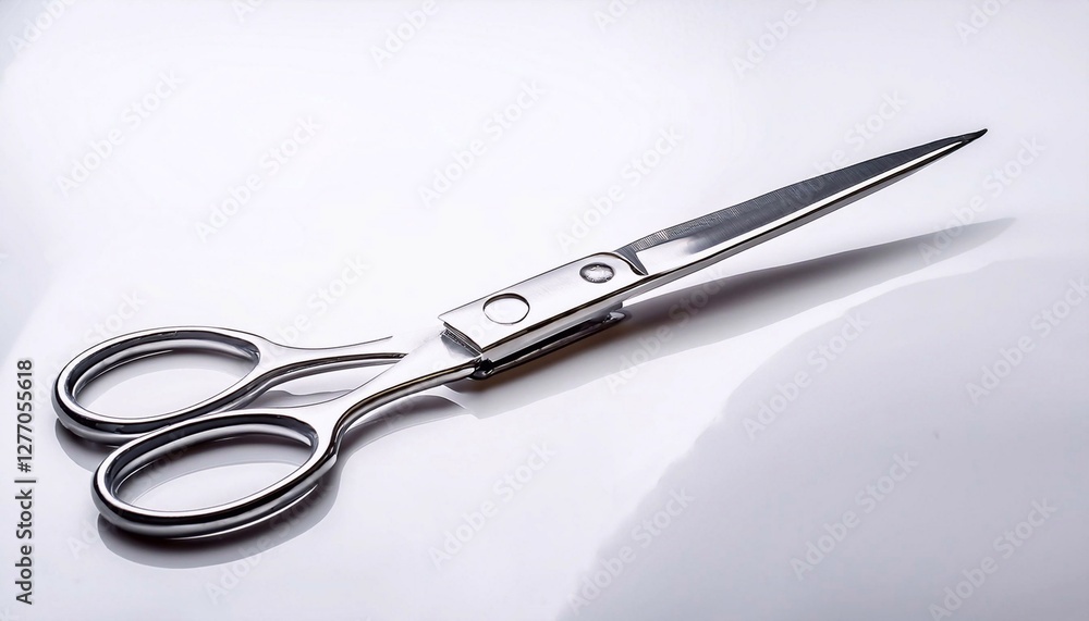 Obraz premium A pair of silver scissors placed diagonally on a bright white background