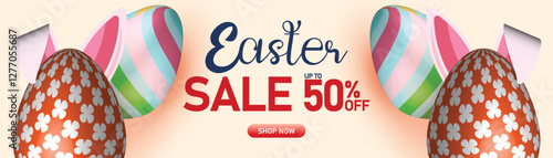 Easter sale banner with decorated eggs, bunny ears, and festive pastel background, 50% off discount, spring holiday shopping promotion