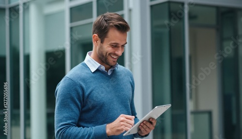A cheerful young man in a blue sweater interacts with a tablet outside a modern glass building, enjoying his work and technology.