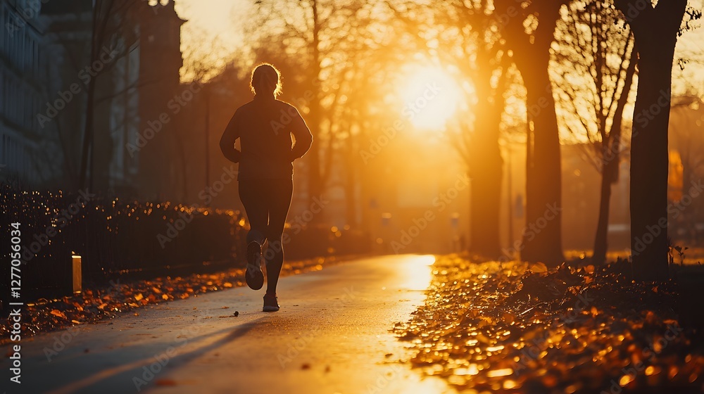 Fototapeta premium Silhouette of a woman running on a path during a vibrant sunset. Fitness and wellness in nature scene.