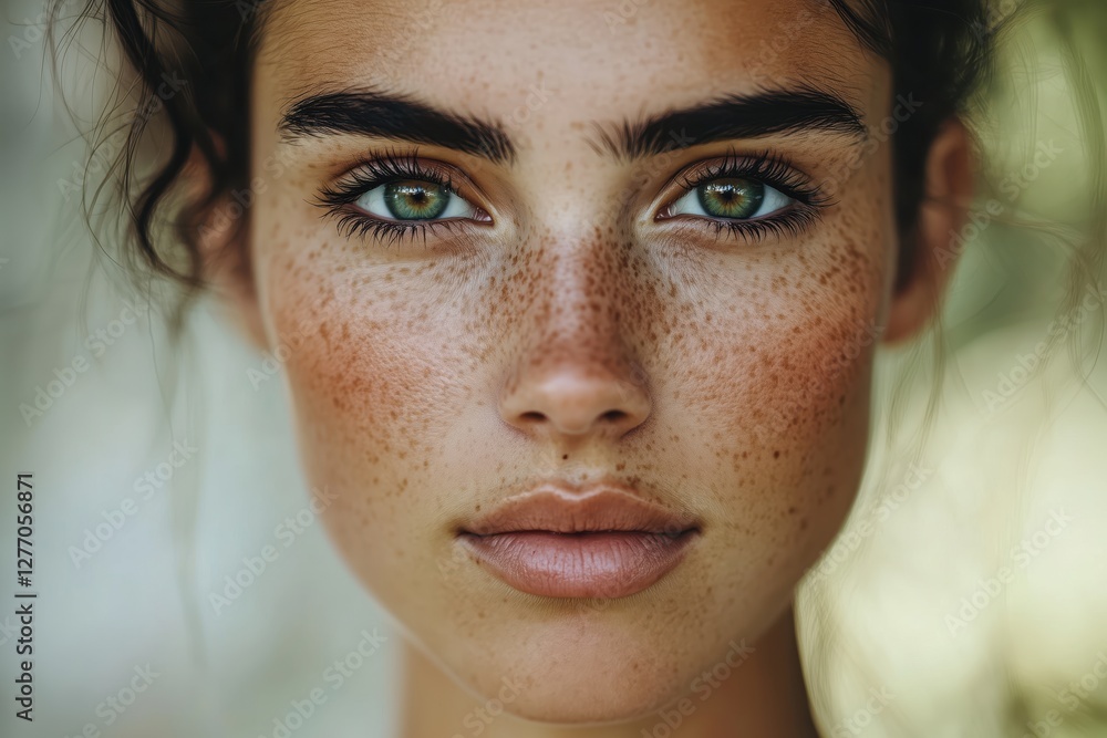 Closeup Portrait of a Young Woman with Freckles and Stunning Green Eyes. A Captivating Image Showcasing Natural Beauty and Youthful Radiance. Closeup Portrait of a Young Woman with Freckles and Stunning Green Eyes. A Captivating Image Showcasing Natural Beauty and Youthful Radiance.
