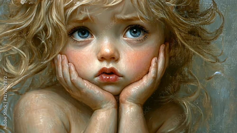 Emotional child with big blue eyes and tousled blonde hair gazes thoughtfully while resting her chin on her hands Emotional child with big blue eyes and tousled blonde hair gazes thoughtfully while resting her chin on her hands