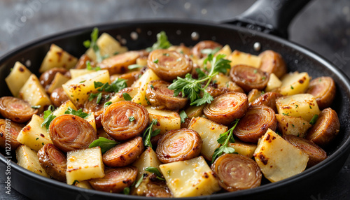 Savory diced potatoes and sausages in frying pan, gourmet cooking