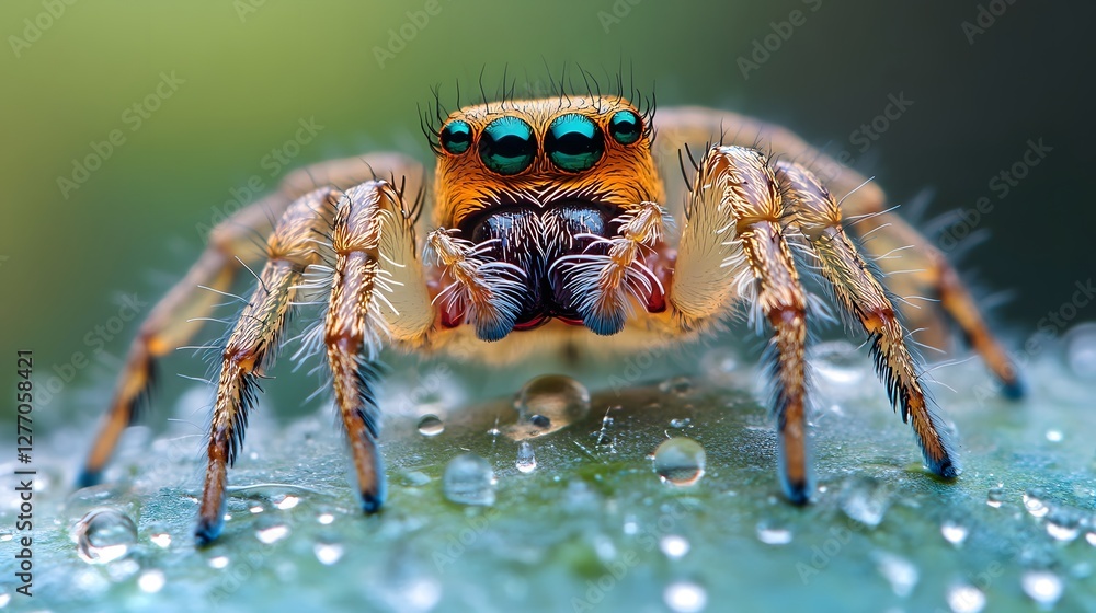 Close-up of a vibrant jumping spider with distinctive green eyes and intricate details on a dewy leaf. Close-up of a vibrant jumping spider with distinctive green eyes and intricate details on a dewy leaf.