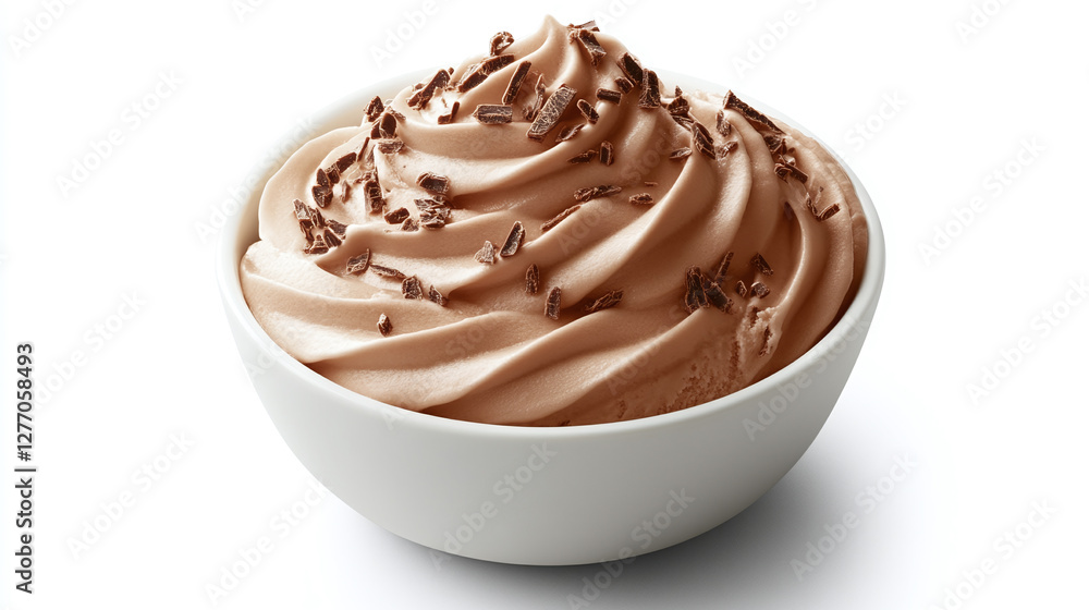 Chocolate ice cream in a white bowl, front and top down view, isolated on a white background. Chocolate ice cream in a white bowl, front and top down view, isolated on a white background.