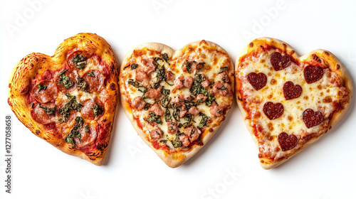 Collection of three heart shaped pizzas for valentines day isolated on white background, food bundle. photo