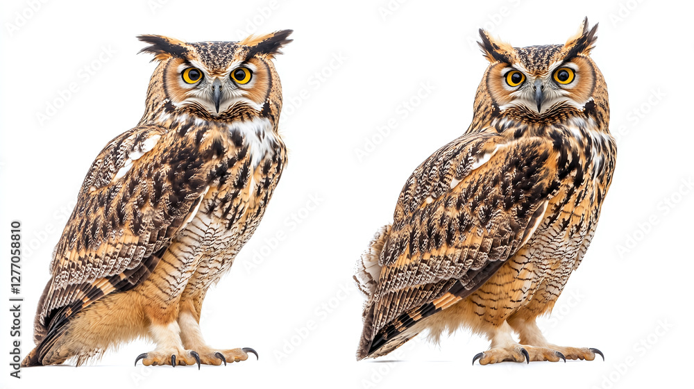Fototapeta premium Eagle owl collection (portrait, standing, flying), animal bundle isolated on a white background as white jpg.