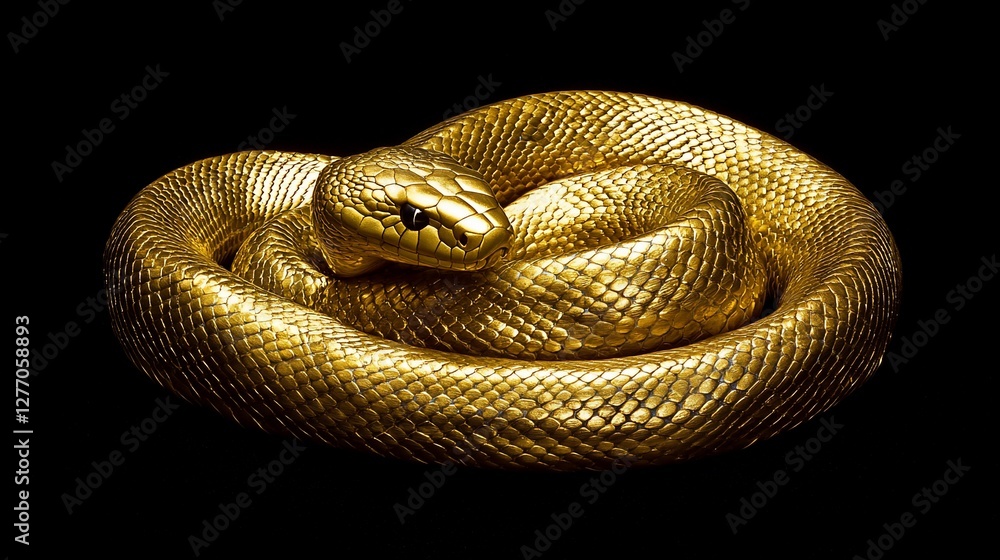 Fototapeta premium Golden snake coiled on black background.