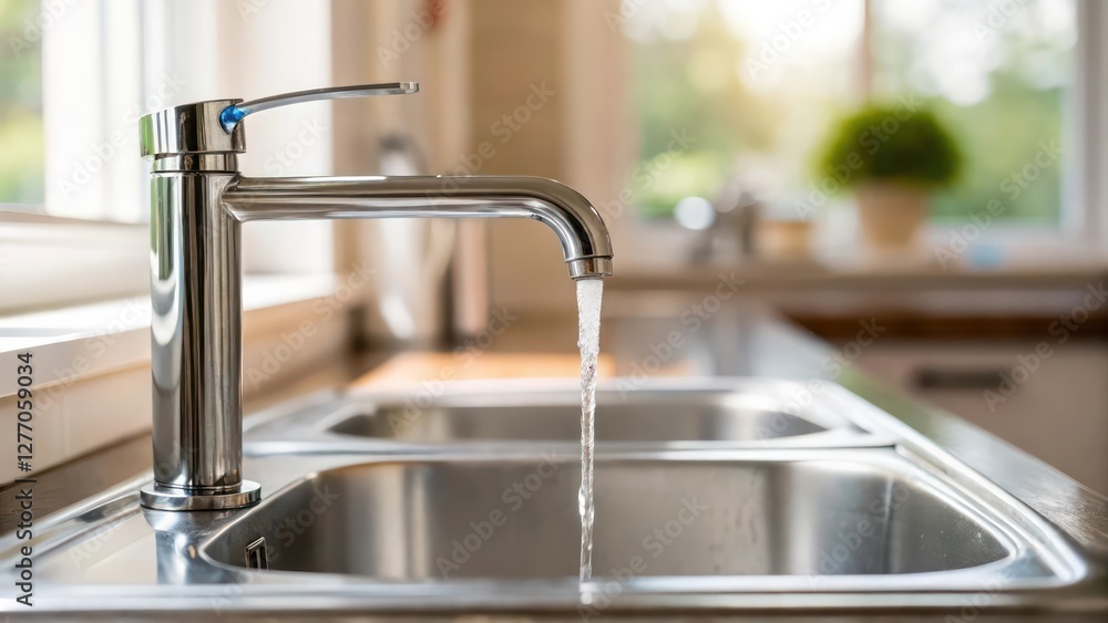 Modern kitchen sink with running water in a bright and clean home setting Modern kitchen sink with running water in a bright and clean home setting