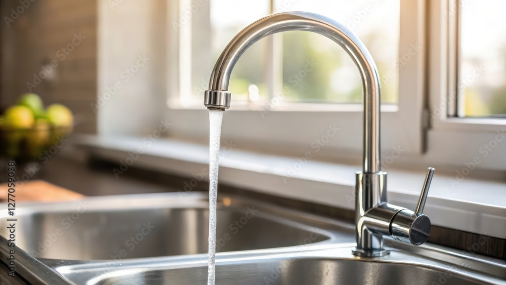 Modern kitchen sink with running water in a bright and clean home setting Modern kitchen sink with running water in a bright and clean home setting