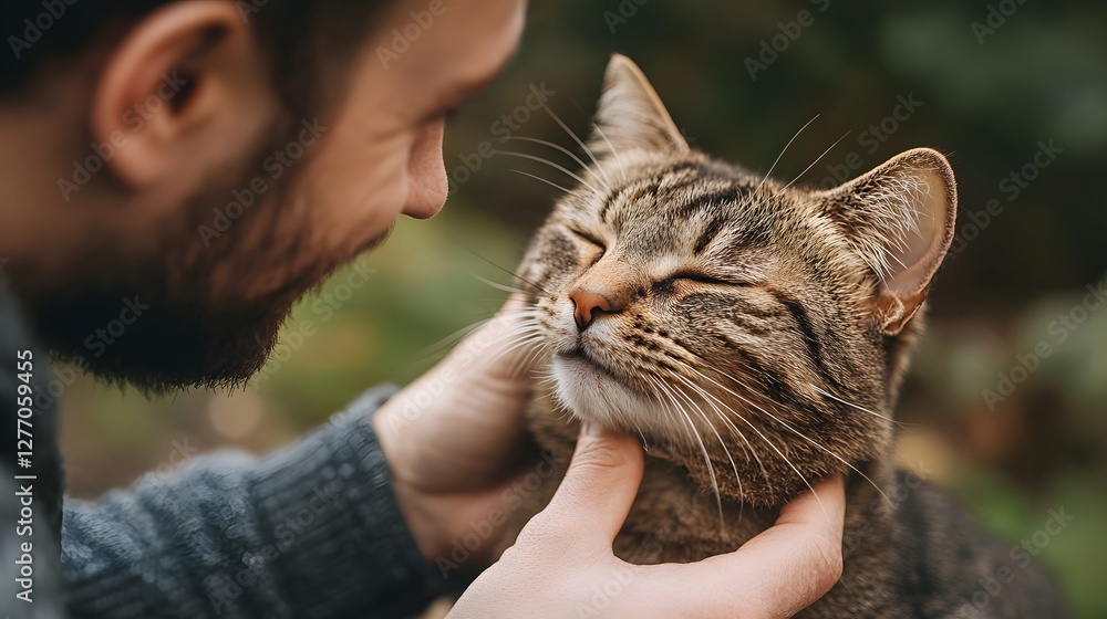 Affectionate tabby cat being lovingly petted by its owner, eyes closed in contentment, warm embrace, comfort. Affectionate tabby cat being lovingly petted by its owner, eyes closed in contentment, warm embrace, comfort.