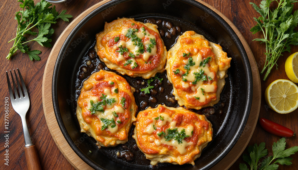 Delicious baked chicken with melted cheese in rustic kitchen setting, comfort food Delicious baked chicken with melted cheese in rustic kitchen setting, comfort food