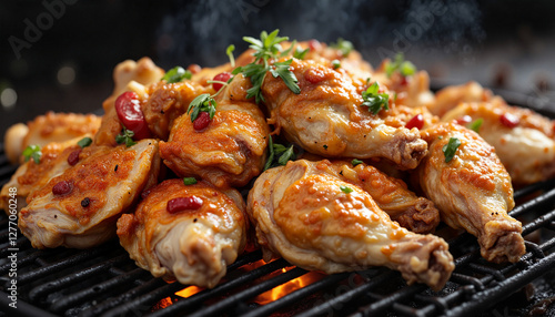 Wallpaper Mural Close-up of seasoned chicken wings grilling over charcoal, barbecue delight Torontodigital.ca