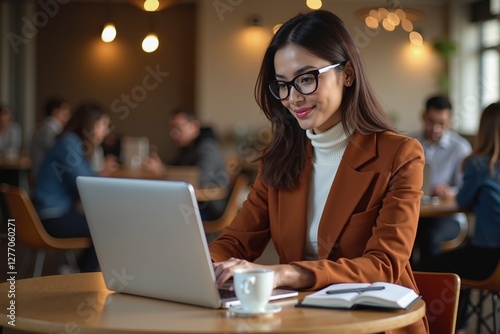 Businesswoman working on MacBook in trendy coworking space