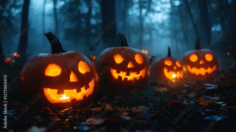 Fototapeta premium Glowing Jack-o'-lanterns in a Misty Forest During Halloween Night with Fallen Leaves