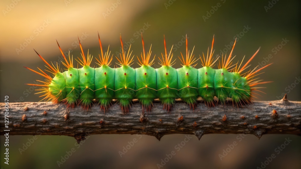 Close Up View of a Spiky Green Caterpillar with Orange Spikes on a Blurred Nature Background Close Up View of a Spiky Green Caterpillar with Orange Spikes on a Blurred Nature Background