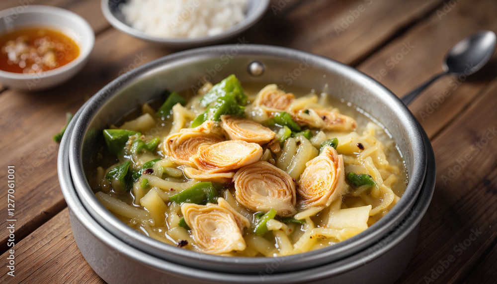 Delicious Korean dish served in metallic bowl on wooden table, culinary delight Delicious Korean dish served in metallic bowl on wooden table, culinary delight