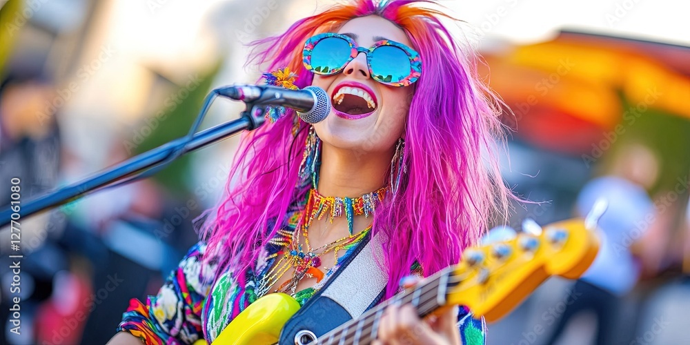 Fototapeta premium flamboyant female hippie musician performing in public city street