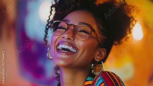 Lively woman with glasses smiling exuberantly in a colorful environment photo