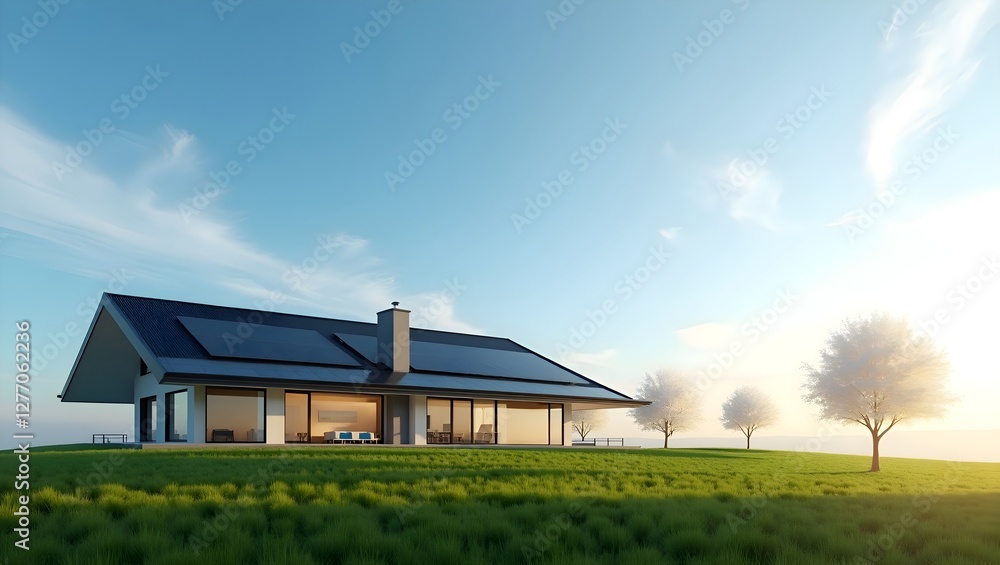 Modern house with solar panels on the rooftop under a bright blue sky.
Modern house with solar panels on the rooftop under a bright blue sky.