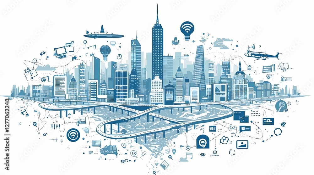 Obraz premium Futuristic smart city showcasing innovative IoT advancements and interconnected technology networks.