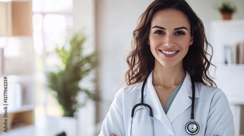 Smiling ophthalmologist in a bright, modern clinic setting promoting eye care and technology Smiling ophthalmologist in a bright, modern clinic setting promoting eye care and technology