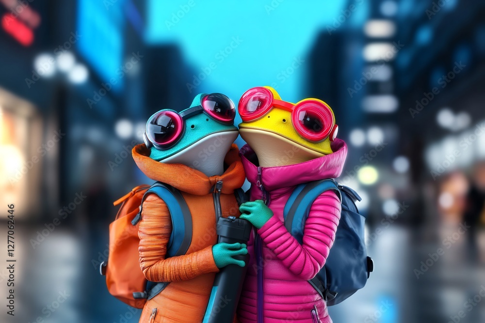 Obraz premium neon pop art frog couple futuristic metallic suits cyberpunk skyline