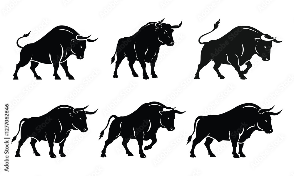 Obraz premium Set of silhouettes bull vector Illustration, Detailed artwork, Minimalist design, isolated on white background. Simple shape for logo design, emblem, symbol, sign, badge, label, stamp