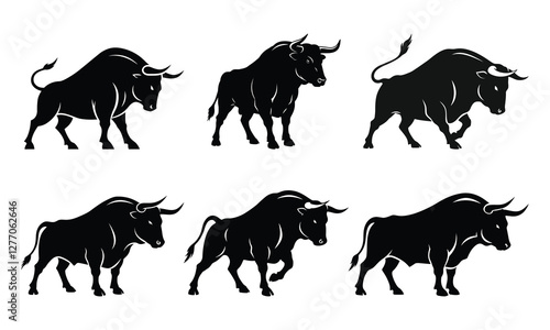 Set of silhouettes bull vector Illustration, Detailed artwork, Minimalist design, isolated on white background. Simple shape for logo design, emblem, symbol, sign, badge, label, stamp