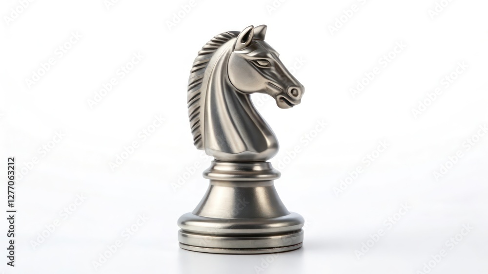 Shiny Metallic Knight Chess Piece Standing on a Chessboard, Representing Strategy and Intelligence Shiny Metallic Knight Chess Piece Standing on a Chessboard, Representing Strategy and Intelligence